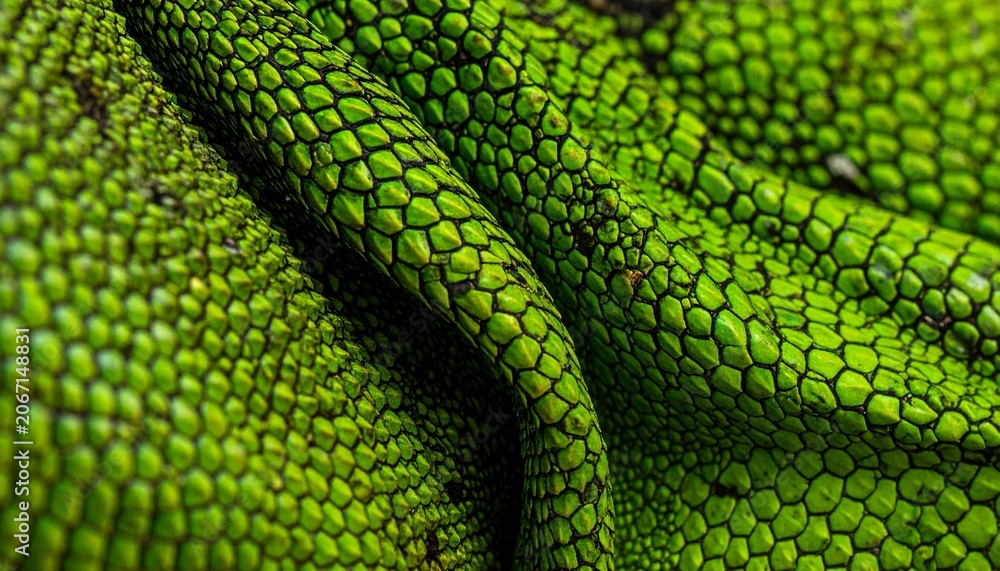 Obraz premium Close-up of vibrant green lizard skin texture with intricate scales and natural patterns.