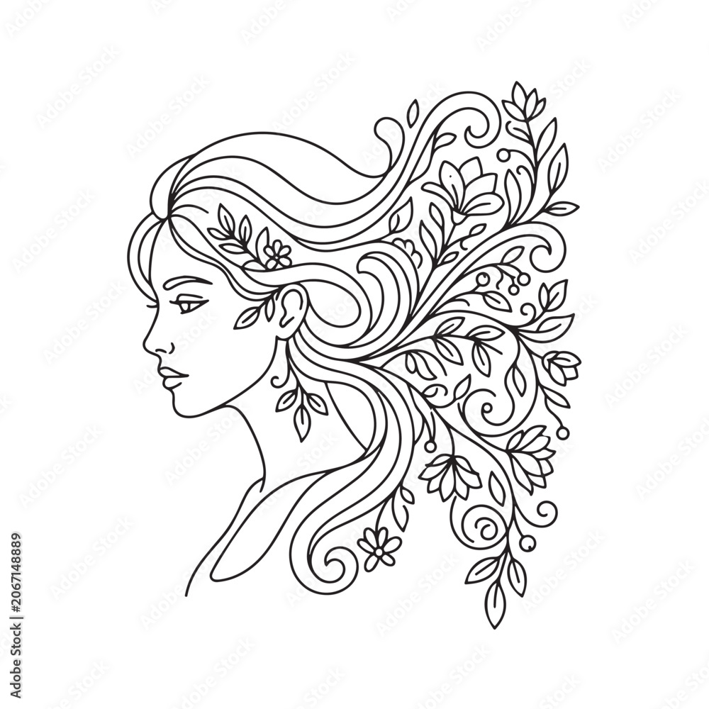 Fototapeta premium Minimalist Line Art Illustration of a Woman with Long Hair and Botanical Flowers and Leaves
