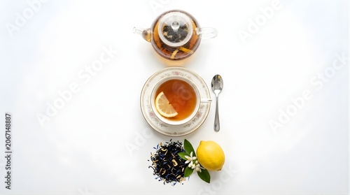 Top down view of tea cup with lemon slice and teapot, healthy beverage, refreshing drink, morning tea ritual, calm lifestyle