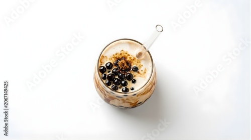 Top view of brown sugar bubble tea in glass with tapioca pearls and milk tea for refreshment and sweet beverage menus