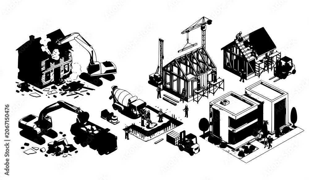 Fototapeta premium House Demolition to Reconstruction Process Vector Set with Construction Machinery