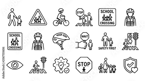 School Crossing Safety Icons: Pedestrian, Bicycle, Traffic Signs, Helmet, Gear