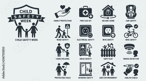 Child Safety Week Icons: Family, Road, Home, Health, and Emergency Preparedness