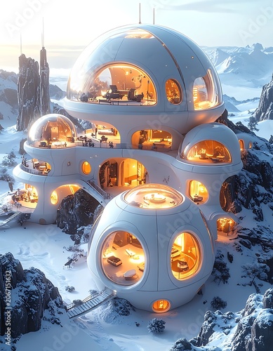 A futuristic, multi-level, dome-shaped structure on a snowy, rocky terrain