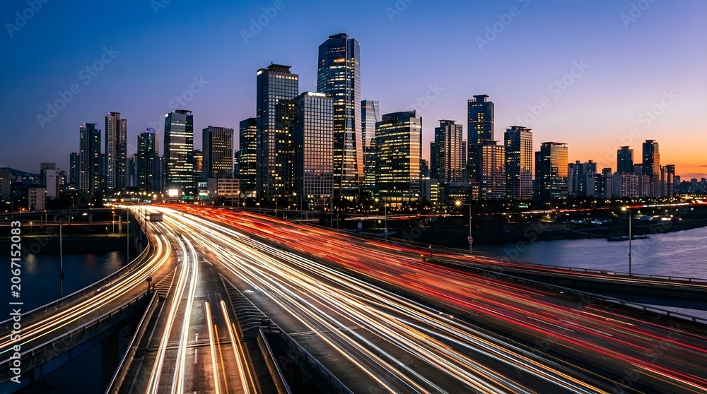 Fototapeta premium Dusk Cityscape Light Trails Motion Aesthetic
