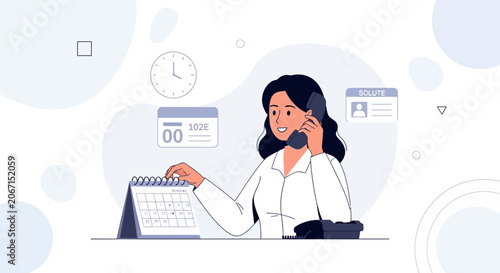 Businesswoman on phone checking calendar, scheduling appointment, modern flat illustration style.