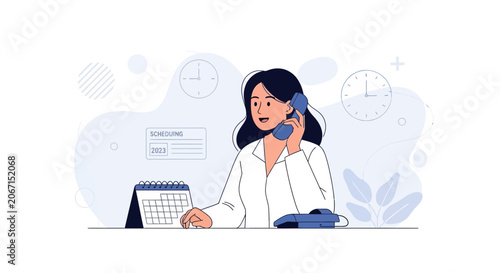 Businesswoman on the phone organizing appointments with calendar and clocks symbolizing time management and scheduling
