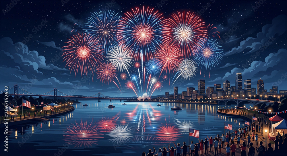 Fototapeta premium Patriotic Fireworks Display, Nighttime City Skyline, Red White Blue Explosions, Waterfront Celebration isolated on Transparent Background