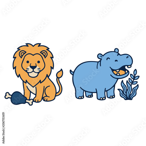 Photography Wild Animals Concept with Sitting Lion and Hippopotamus Opening Mouth Wide