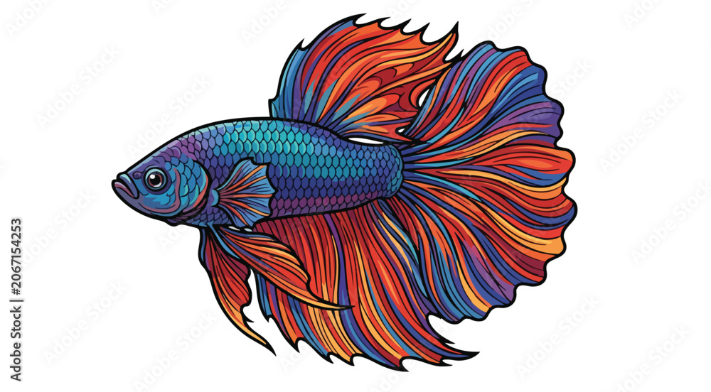 Fototapeta premium Colorful Betta Fish Illustration with Vibrant Fins on White Background
