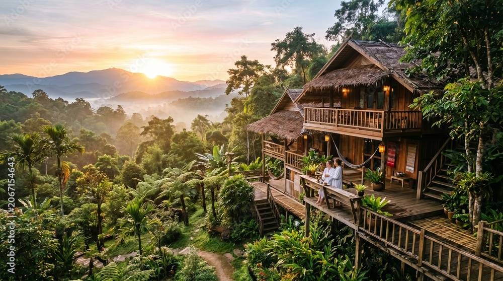 Obraz premium Couple in robes at a wooden lodge in the Thai jungle at sunrise