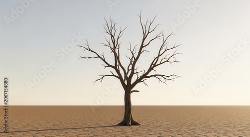 Lone Bare Tree in Dry Desert Landscape Under a Pale Sky