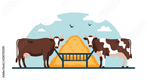 Cows Eating Hay Food.