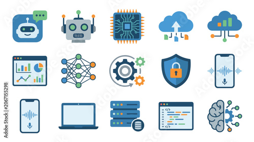 Artificial Intelligence and Technology Elements Flat Vector Illustration Set