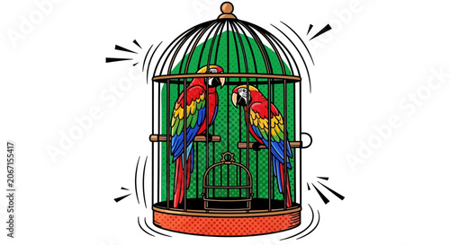 Colorful Parrots in Cage.