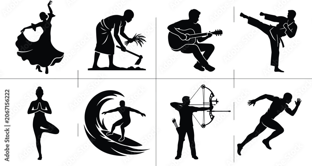 Obraz premium Silhouette Collection of Human Activities Including Dance, Sports, Music, and Yoga