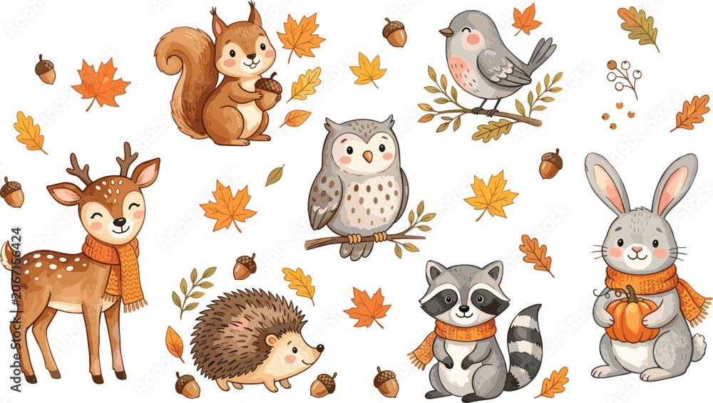 Naklejka premium Autumn woodland animals vector illustration with squirrel, owl, deer, raccoon, rabbit, fall leaves, and seasonal design