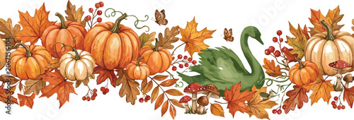 Photos Autumn harvest vector illustration with pumpkins, fall leaves, berries, mushroom