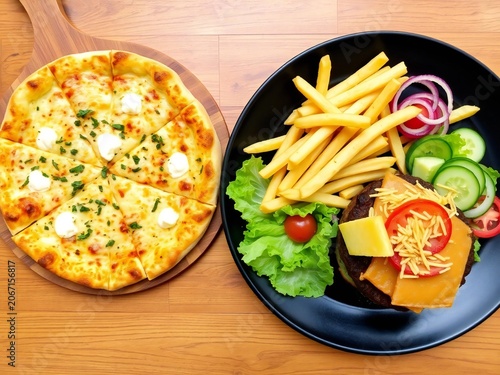 Delicious pizza paired with fresh salad and crispy fries on a wooden surface