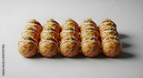 Perfectly Arranged Japanese Octopus Balls Golden Takoyaki, Savory Street Food Delight with Classic Toppings