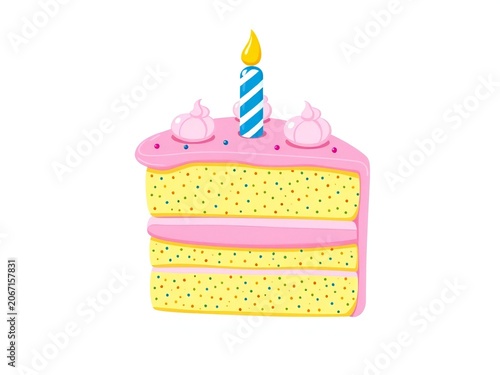 A colorful slice of birthday cake with a lit candle on top