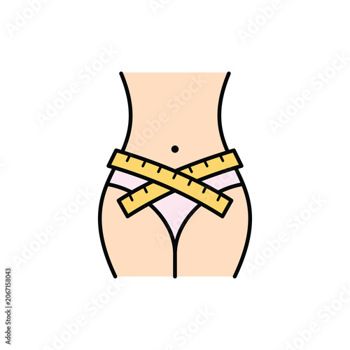 Waistline with measuring tape vector icon. Weight loss, Slimming and fitness body transformation icon.