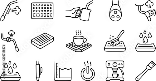 Bild auf Leinwand Black and White Line Art Icons of Coffee Machine, Steam, and Cleaning Tools