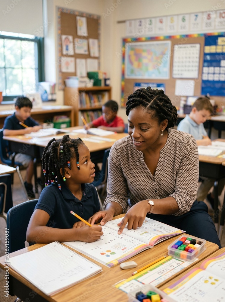 Fototapeta premium Black female teacher patiently instructs a young Black girl on math problems in a bright elementary school classroom setting