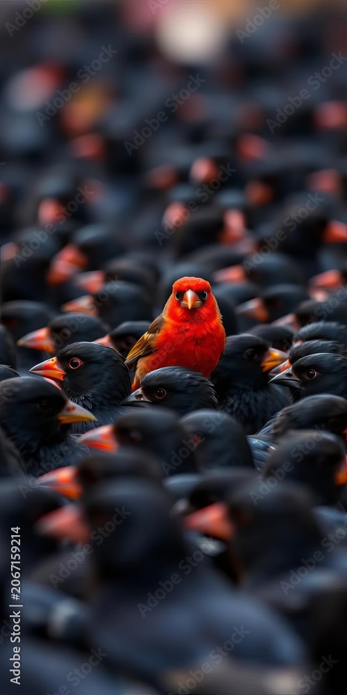 Obraz premium Red Bird Standing Out Among Black Birds