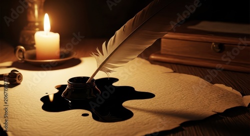 Quill feather dipping into inkwell on old paper