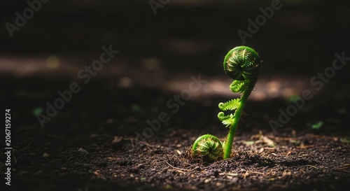 Young Fern Sprout Emerging From Dark Soil