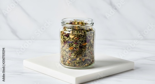 Jar filled with aromatic herbal tea blend ingredients
