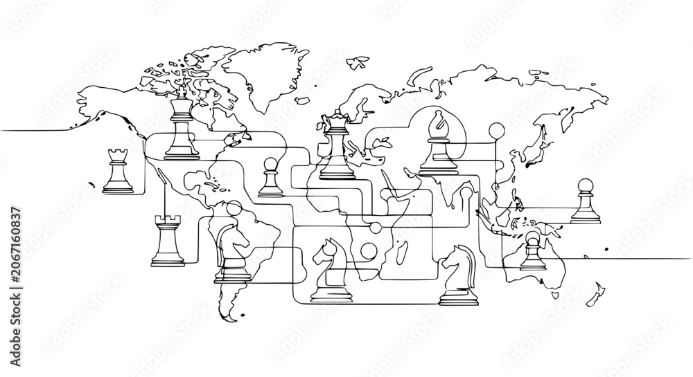 Fototapeta premium Global Chess Strategy: World Map with Chess Pieces Connected by Lines