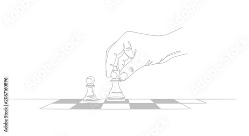 Bild auf Leinwand Hand moving chess pawn on board, strategic decision, abstract line art, minimali