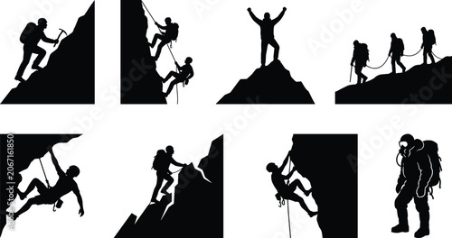 Mountain Climbing Silhouette Collection Featuring Rock Climbers Hikers and Summit Adventure