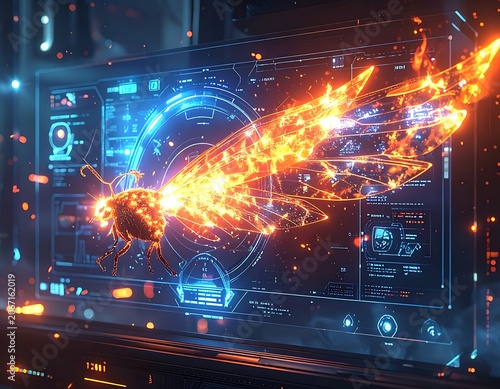 A futuristic screen displays a fiery insect-like creature