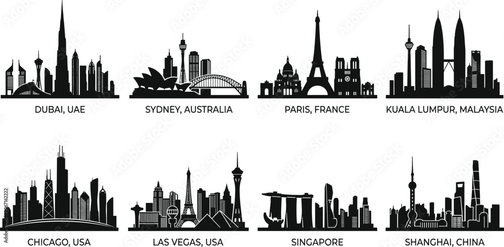 Obraz premium World City Skyline Silhouette Collection Featuring Famous Urban Landmark Skylines