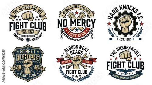 Bild auf Leinwand Vintage combat sports emblems with clenched fists and badges