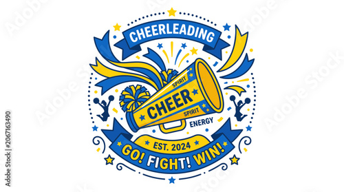 Obraz na plátně Blue and yellow cheerleading sports badge with megaphone and ribbons