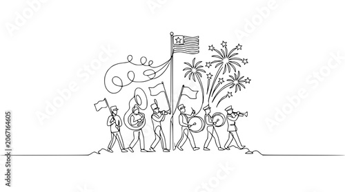 Foto Marching Band Parade with Flag and Fireworks, One Line Art