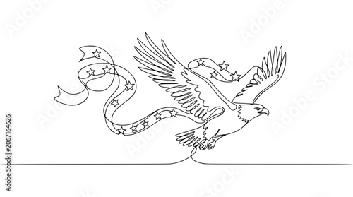 Bild auf Leinwand Eagle Soaring with Star-Spangled Banner Ribbon - Continuous Line Art