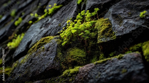 Stone Wall with Moss and Plants