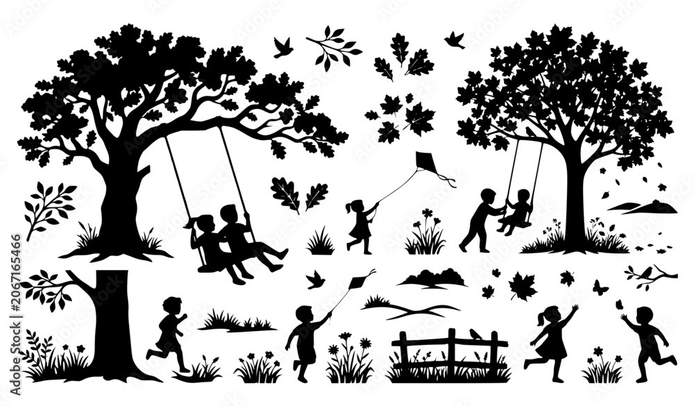 Obraz premium Black Tree Silhouettes with Swings and Children Vector Set