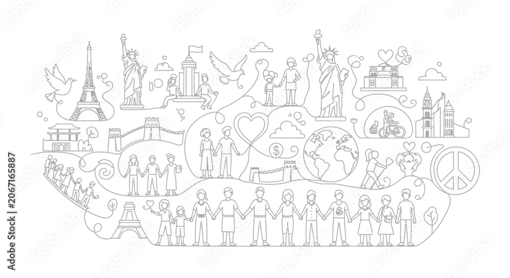 Obraz premium Global unity and diversity illustration with iconic landmarks and people holding hands