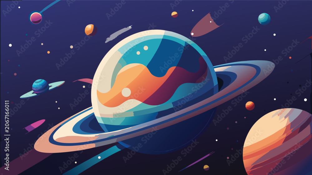 Naklejka premium Abstract space background with colorful planet and planetary rings universe astronomy exploration astrophysics celestial futuristic illustration colorful background wallpaper astronomical