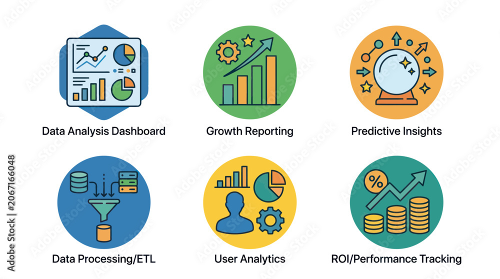 Fototapeta premium Business analytics icons: data analysis, growth, prediction, processing, users, ROI