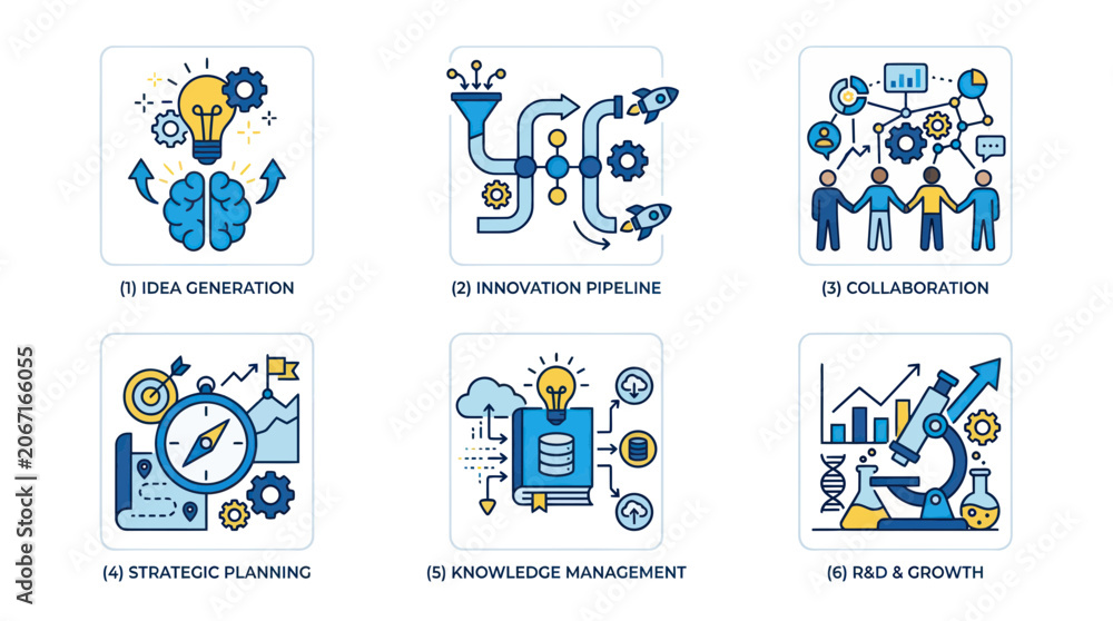 Fototapeta premium Business Strategy Icons: Idea Generation, Innovation, Collaboration, Planning, Knowledge, R&D