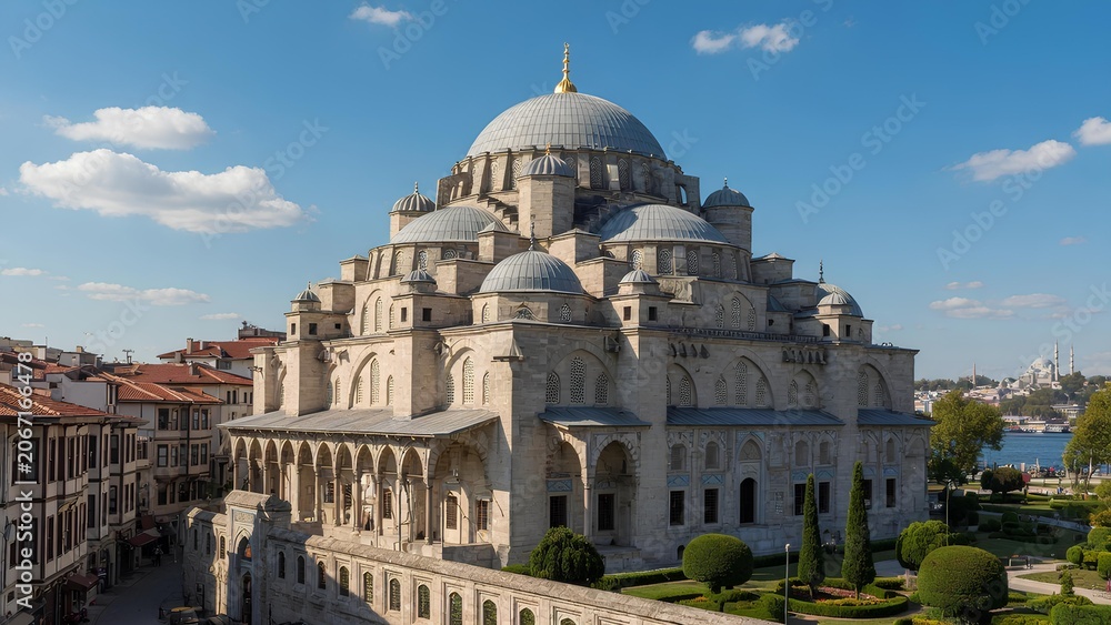 Fototapeta premium Magnificent Mosque Dome and Minaret Views Highlighting Islamic Architectural Excellence, Cultural Heritage, Spiritual Beauty, and Timeless Religious Landmarks