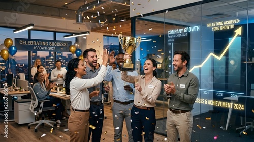 An office environment with diverse staff celebrating a milestone.