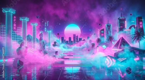 Vibrant Neo-Retro Metropolis A Dreamlike Cityscape Bathed in Luminous Neon Hues, Featuring Ancient Ruins, Futuristic Skylines, and Ethereal Clouds at Sunset